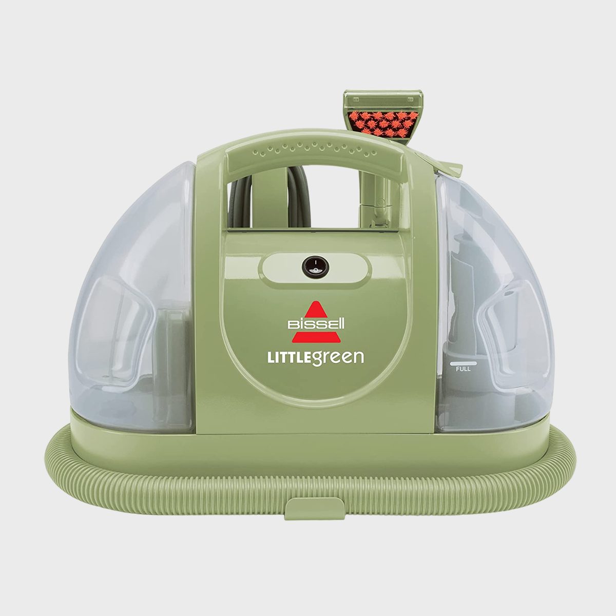 Green portable carpet cleaner, featuring a handle and hose, rests on a neutral background. Text: "Bissell LITTLEgreen."