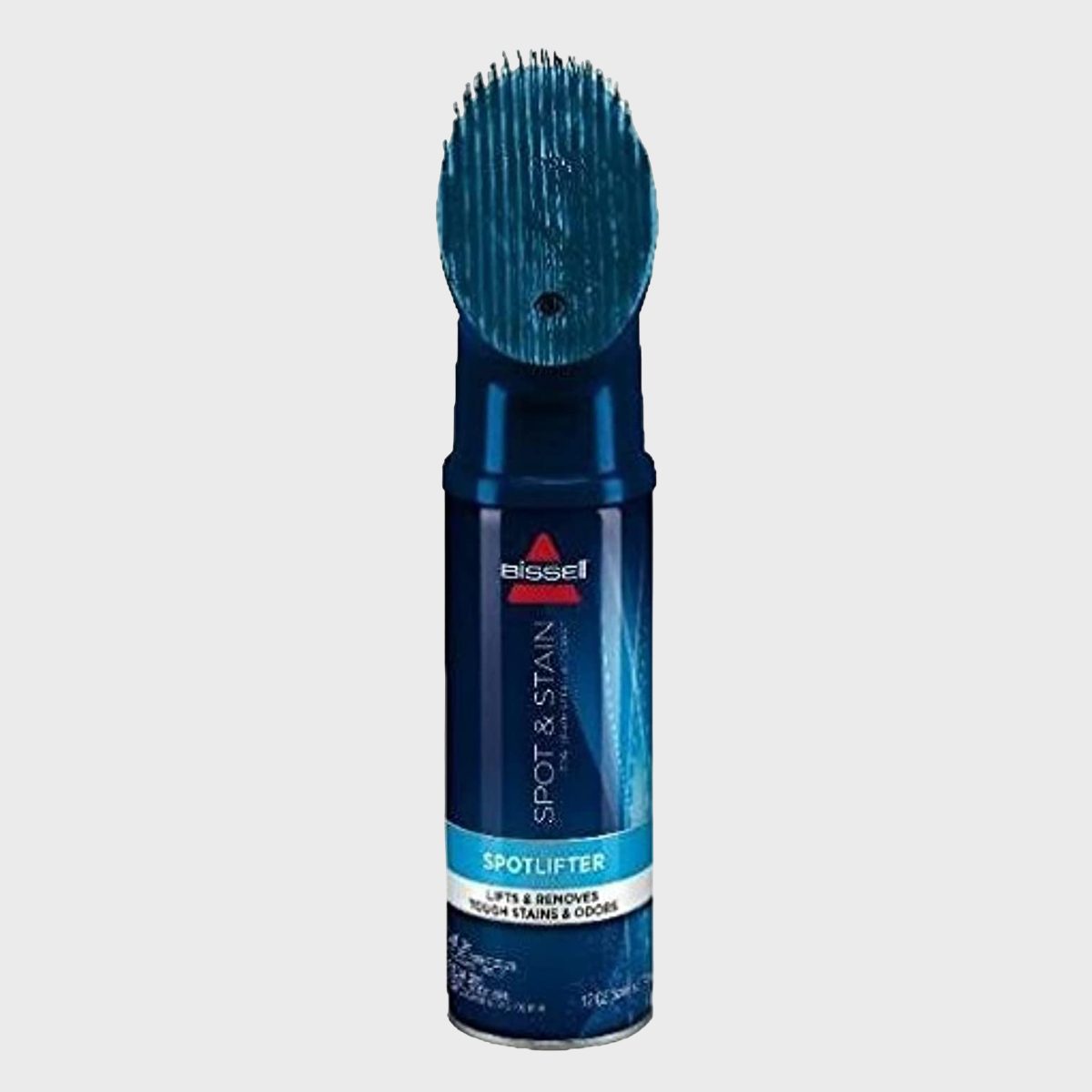 A cleaning spray can with a built-in brush stands upright against a plain background. Labels read: "Bissell Spot & Stain Spotlifter."