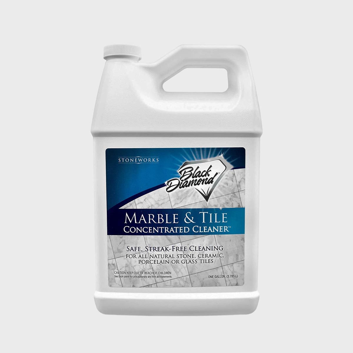 White container labeled "Black Diamond Marble & Tile Concentrated Cleaner," designed for cleaning stones, ceramic, porcelain, or glass tiles; shown against a plain background.