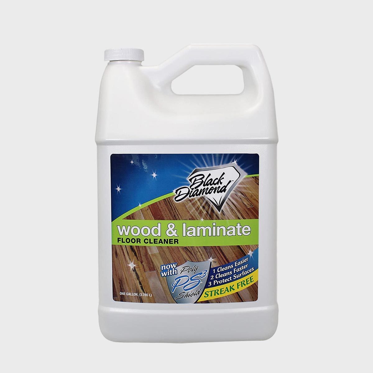 A gallon bottle labeled "Black Diamond wood & laminate floor cleaner" with a diamond logo, set against a plain gray background.