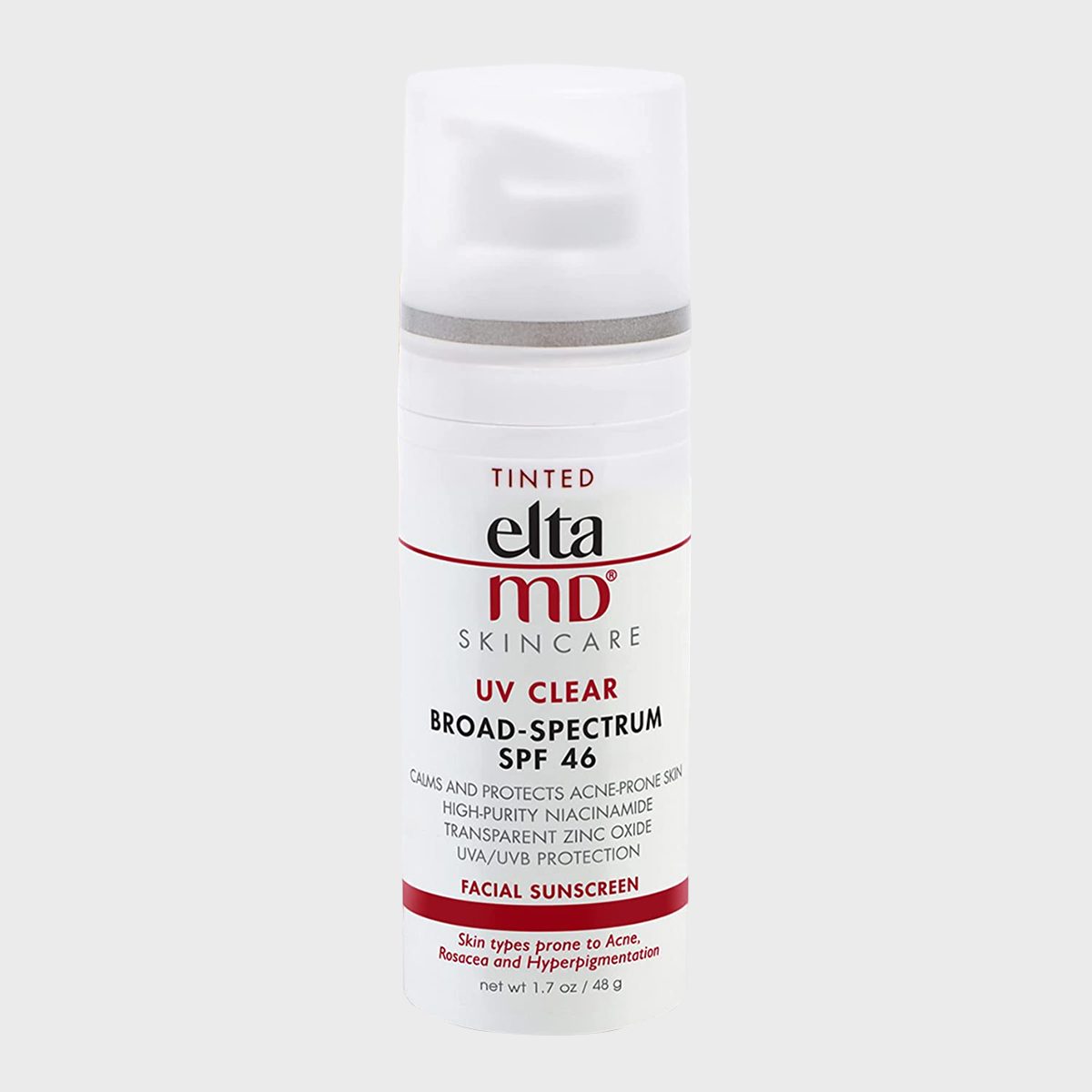 Sunscreen bottle displays "elta MD Skincare UV Clear Broad-Spectrum SPF 46." It is Tinted and suitable for acne-prone skin, containing niacinamide and zinc oxide.