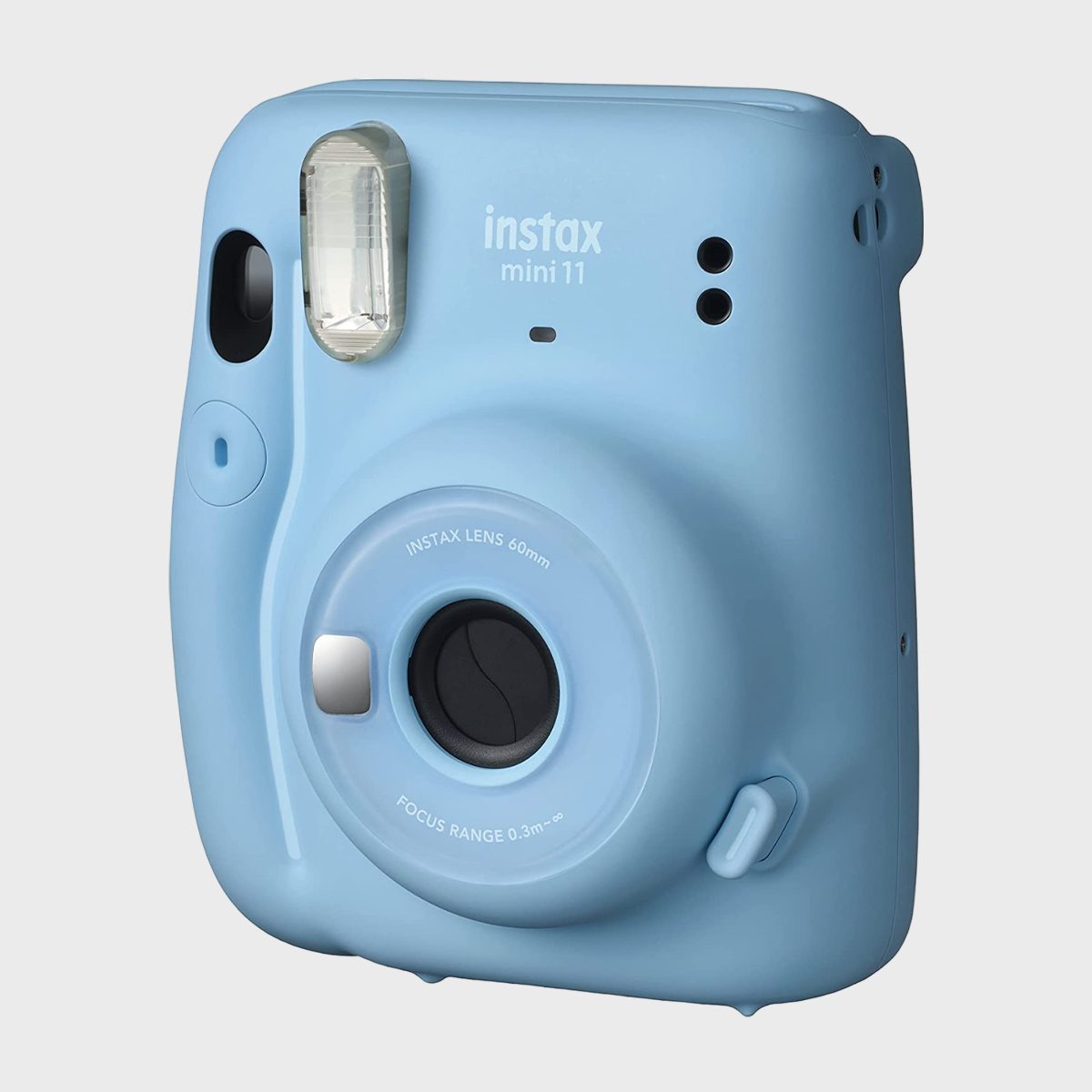 Blue instant camera with protruding lens and flash, labeled "instax mini 11", against a plain light gray background.