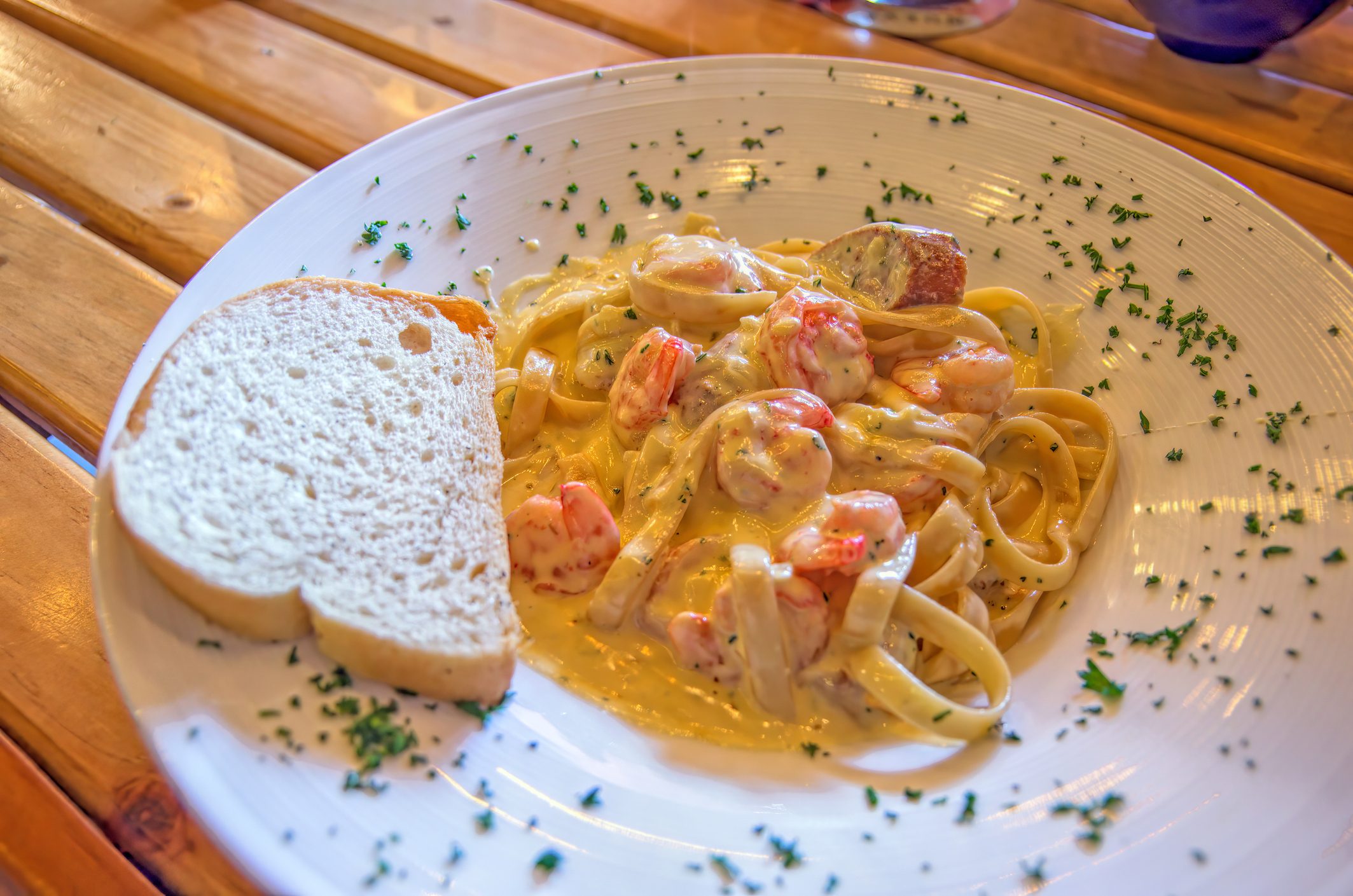Bowl of creamy shrimp tagliatelle pasta