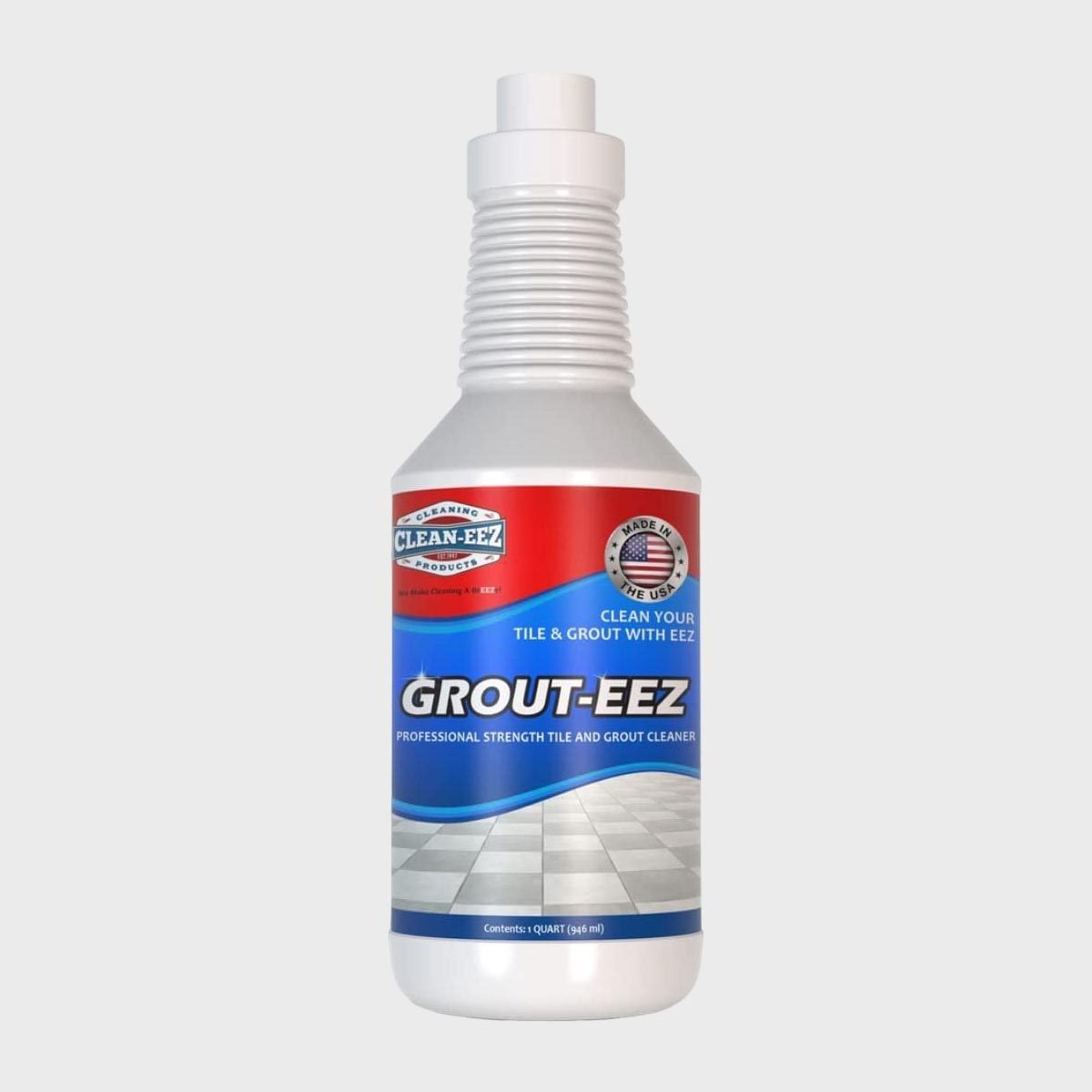 Bottle displays "GROUT-EEZ" as professional strength tile and grout cleaner, set against a gradient red and blue label with a tiled floor illustration.