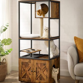 Three cats explore a multi-level cat tree with wooden accents, rope posts, and a cozy interior, set against a modern living room backdrop.