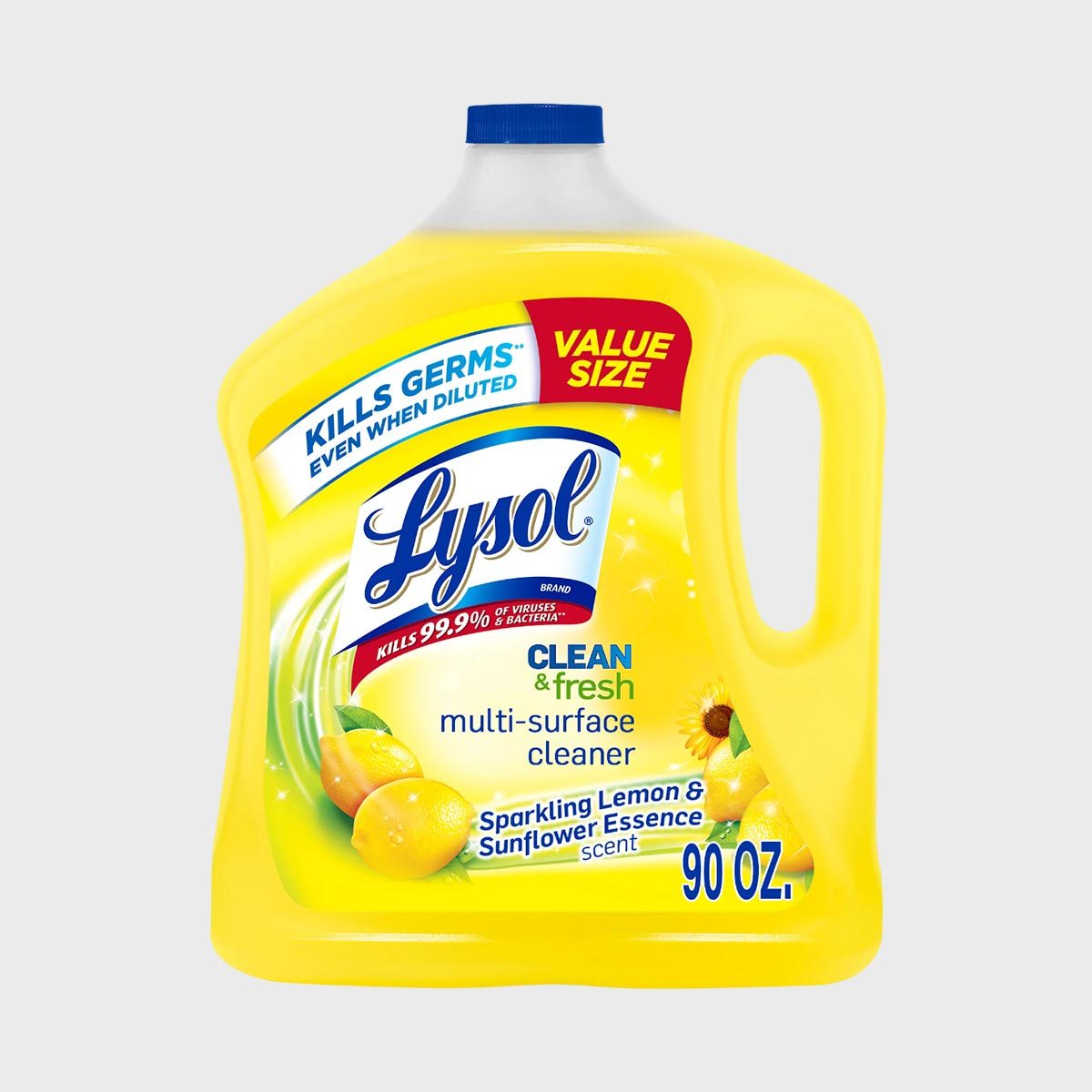Yellow bottle labeled "Lysol" contains multi-surface cleaner, sparkling lemon and sunflower essence, 90 oz, promoted for germ-killing in value size packaging.