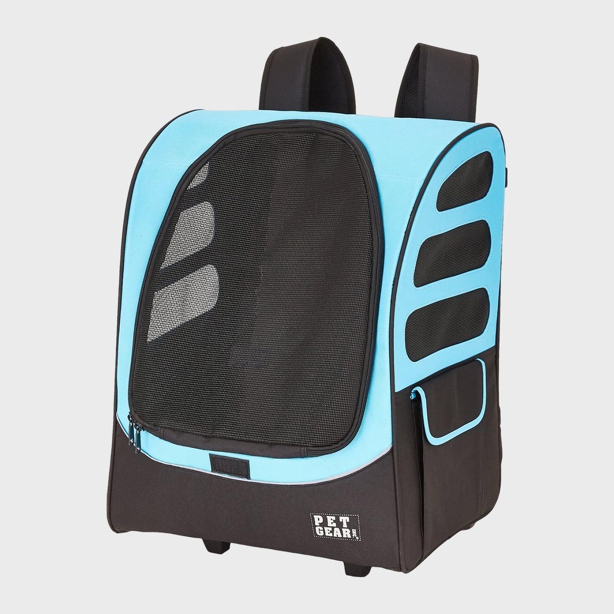 Backpack pet carrier stands, featuring mesh panels and pockets, against a plain background. Text reads "PET GEAR" on the front.