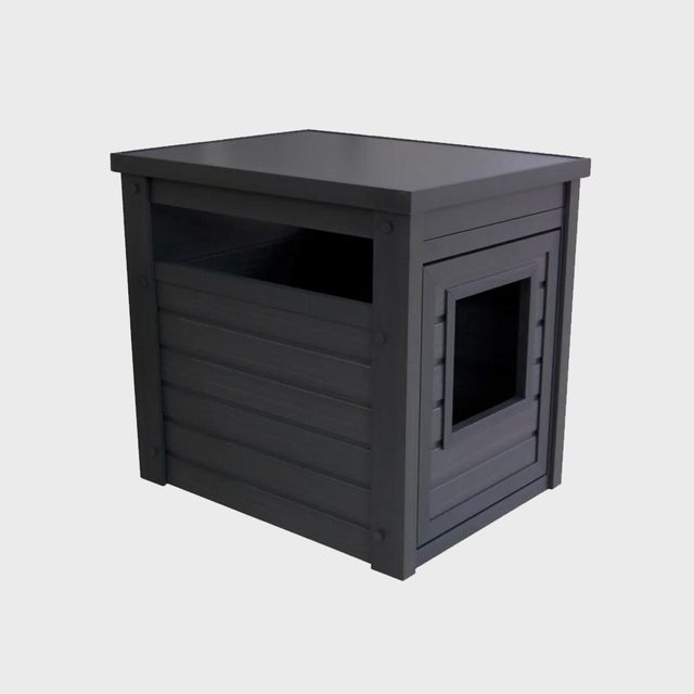 Gray wooden pet house sits on a plain background, featuring a square entrance and open side panel for ventilation.