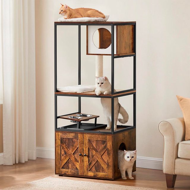 Cats lounge and explore a multi-level wooden cat tower with a bed, scratching post, and food bowls, set in a living room.