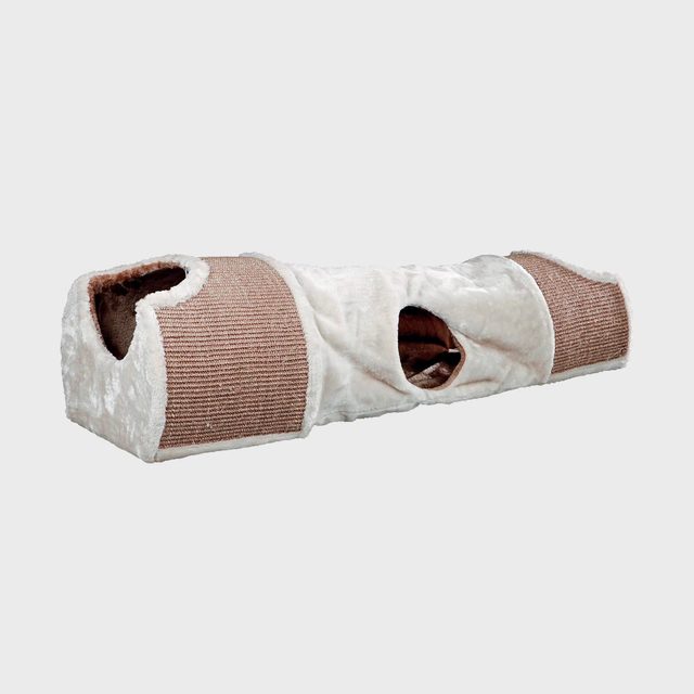 Tunnel structure sits on a surface, featuring beige fabric and sisal scratching sections, with circular openings, designed for cat play indoors.