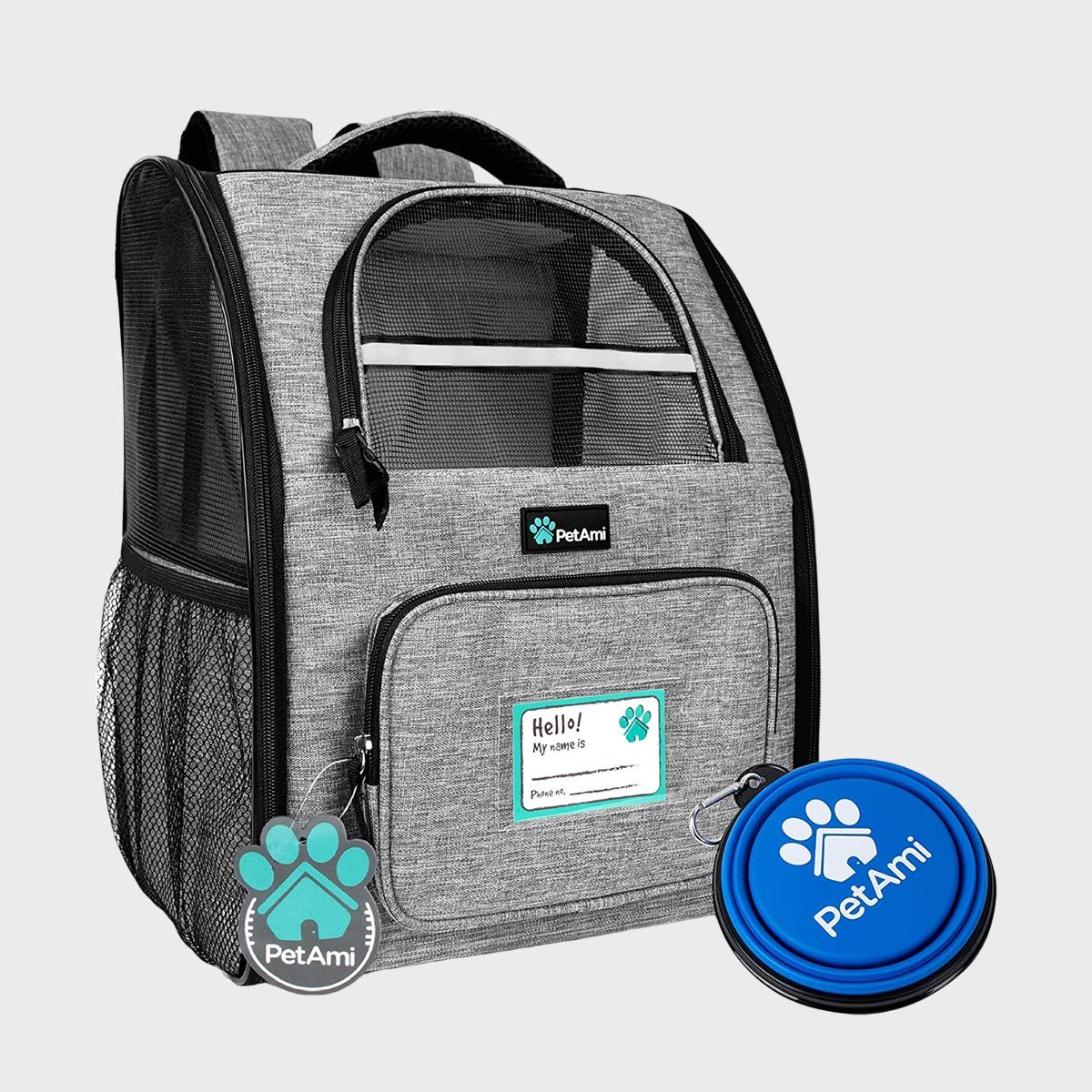 Gray pet backpack resting with mesh panels, name tag, and side pocket, accompanied by a collapsible blue bowl labeled "PetAmi."