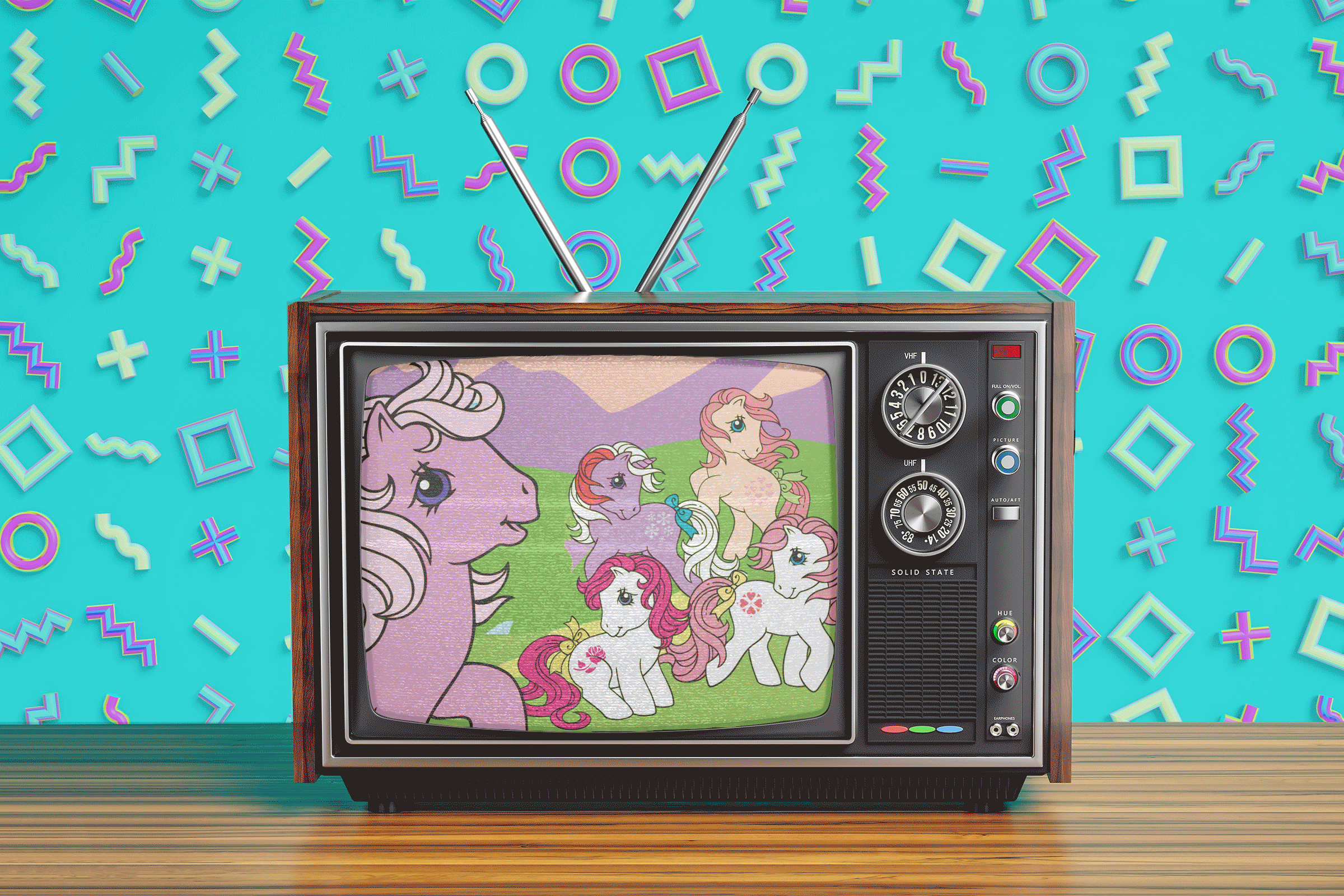 80s Cartoons on a vintage TV and 80s pattern background