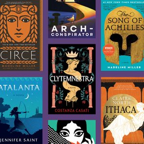 Seven book covers displayed in a collage, featuring female figures, mythological themes, and vibrant colors. Titles include 