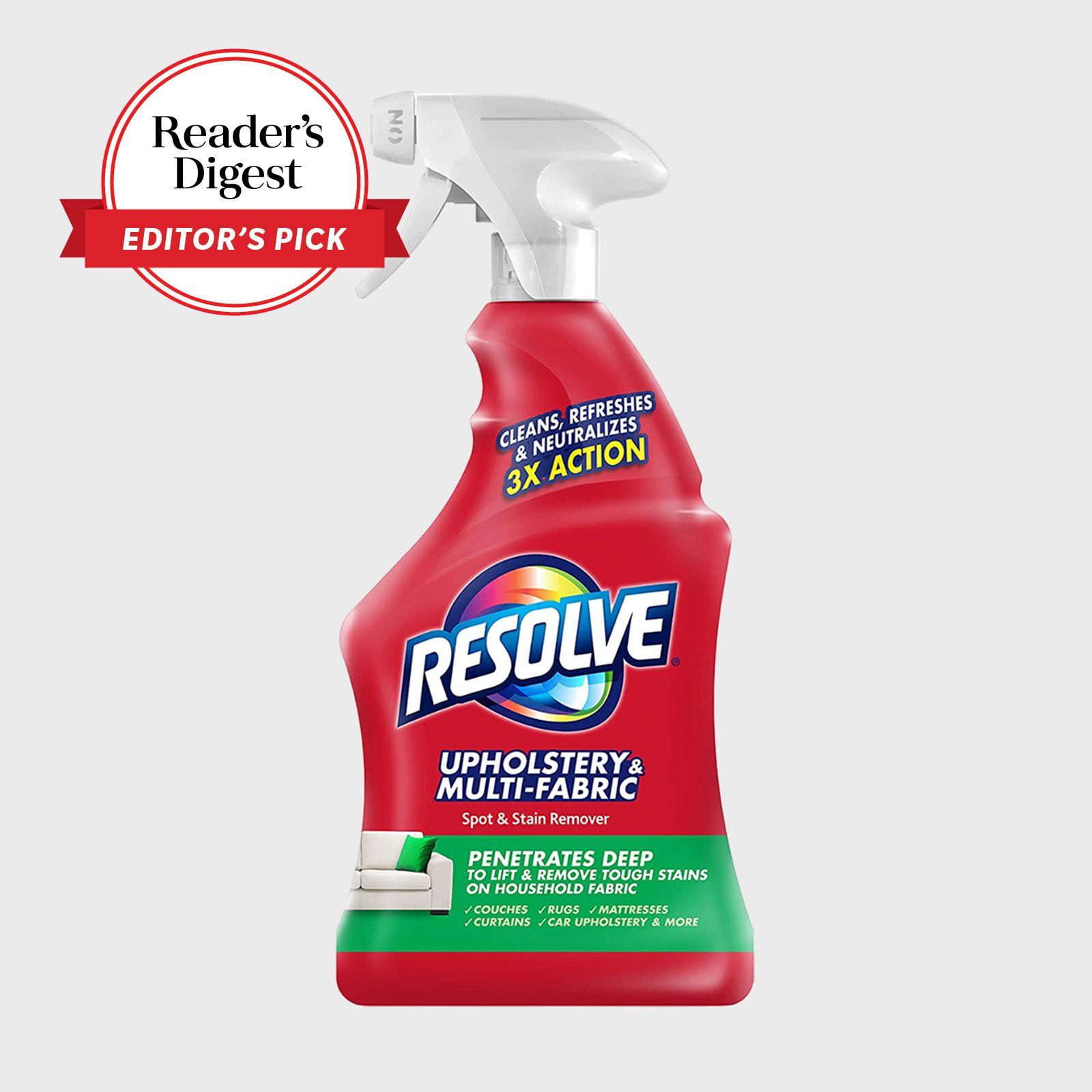 Spray bottle labeled "Resolve" cleans upholstery, promising deep stain removal. Seal indicates "Reader's Digest Editor's Pick." White background emphasizes product design.