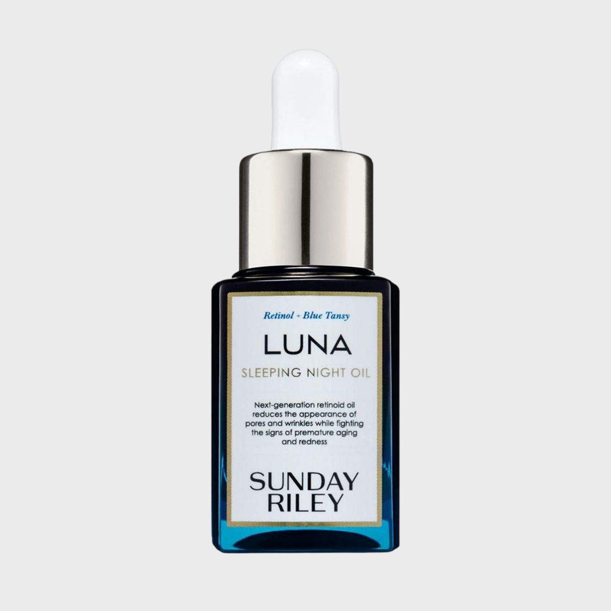 Bottle features a dropper, labeled "Luna Sleeping Night Oil," set against a plain backdrop. Text describes retinoid benefits for skincare.