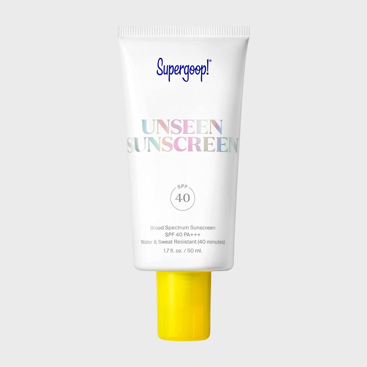 Tube displays "Supergoop! Unseen Sunscreen," SPF 40, indicating broad spectrum, water-resistant for 40 minutes, with a yellow cap against a plain background.
