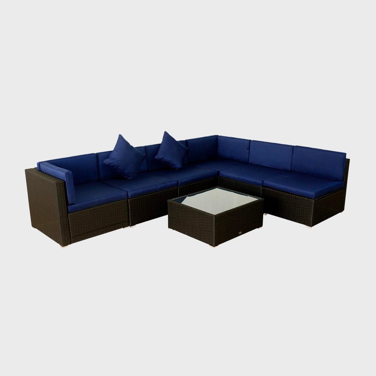 Sectional sofa with blue cushions arranged in an "L" shape, accompanied by a square glass-top coffee table; plain, neutral background.