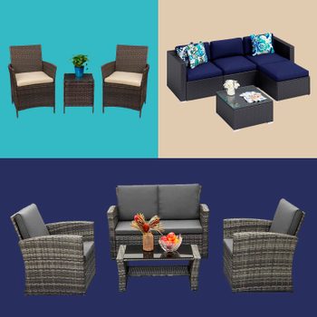 Three patio furniture sets are shown against colorful backgrounds. The sets vary in size and style, featuring chairs, sofas, tables, and decorative cushions.