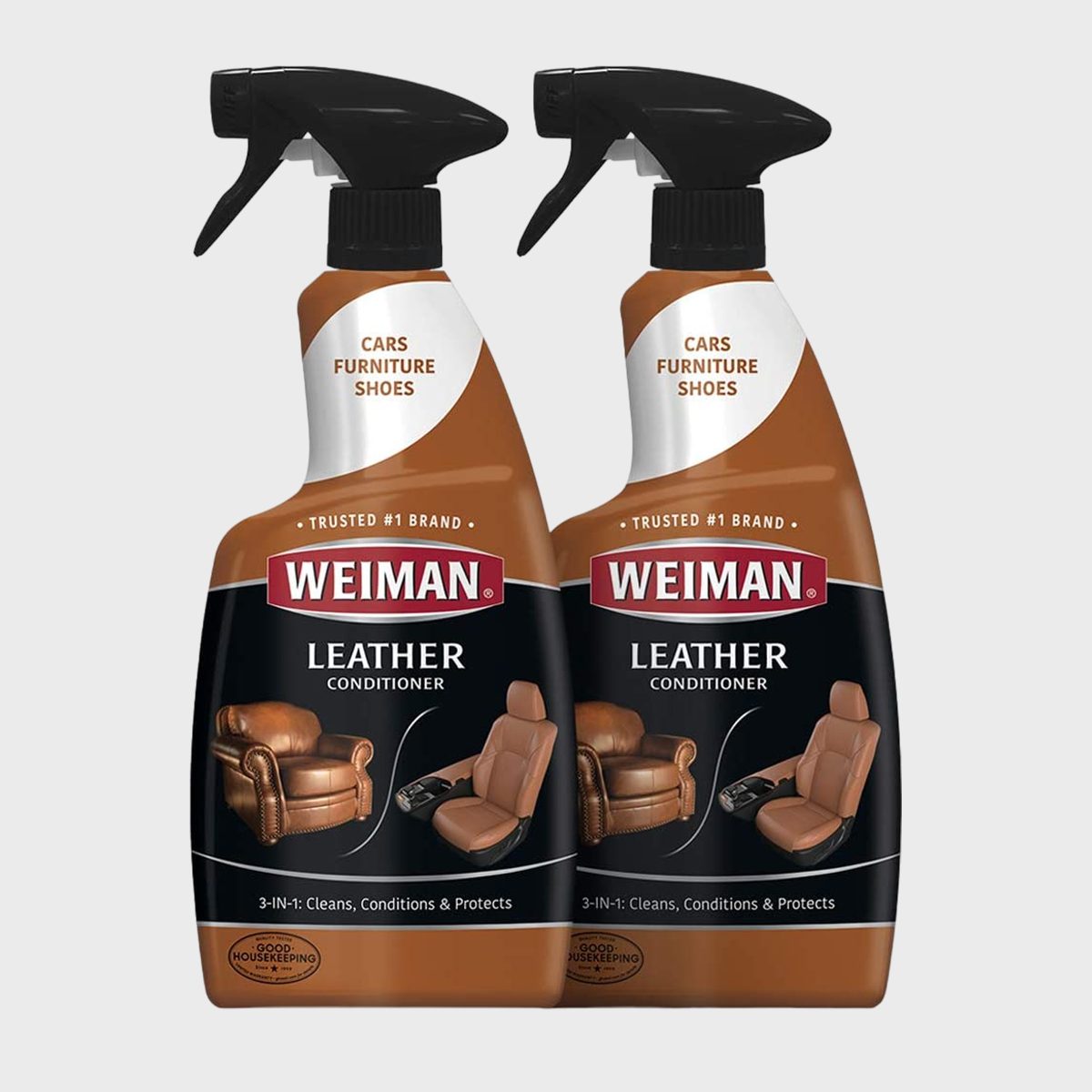 Two bottles of Weiman Leather Conditioner stand upright, featuring a spray nozzle. Suitable for cars, furniture, and shoes; cleans, conditions, and protects.