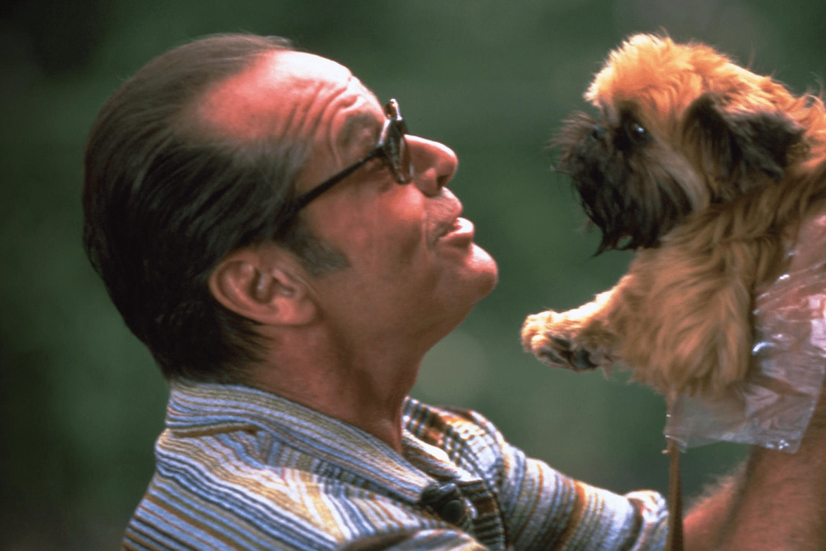 A man with glasses holds a small, fluffy dog, both engaged in eye contact, against a blurred green background.
