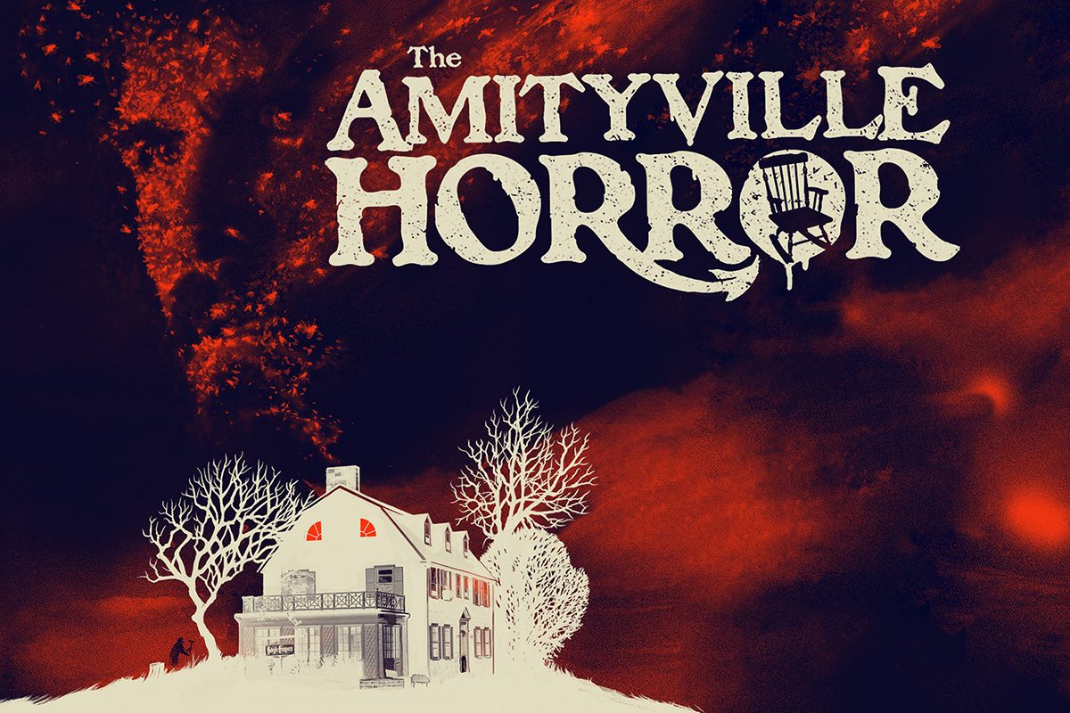 A house stands illuminated, surrounded by trees; fiery face in sky above. Text reads: "The Amityville Horror."