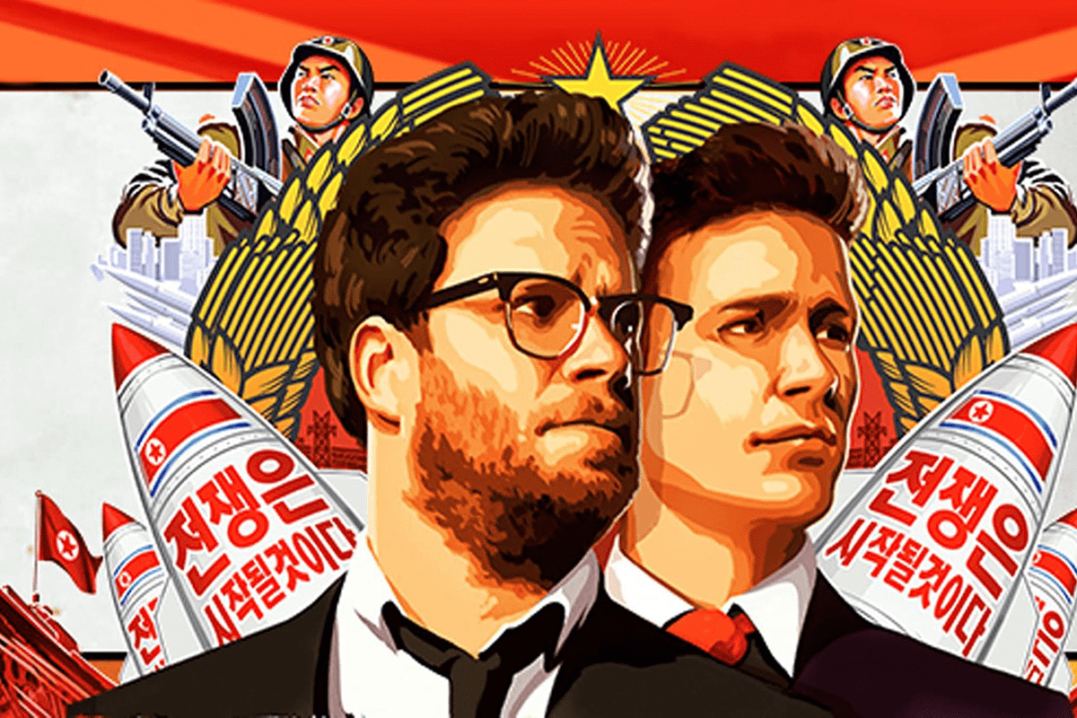 Two men stand confidently, wearing suits, amidst stylized rockets with Korean text, soldiers, and vibrant imagery in a propaganda-style background.