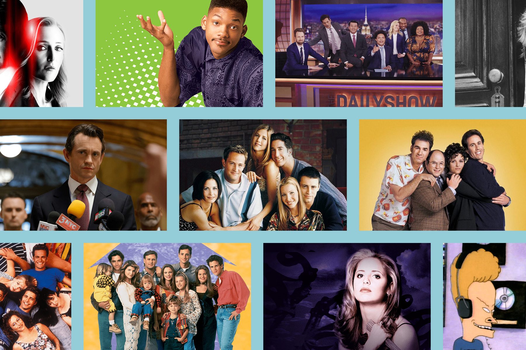 Various TV characters pose separately in distinct settings, including comedic, dramatic, and animated genres, reflecting diverse moods and narrative themes.