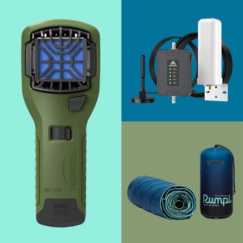 Green Thermacell device with a grill front, wireless signal booster with cables on blue, and a rolled blue Rumpl blanket on green.