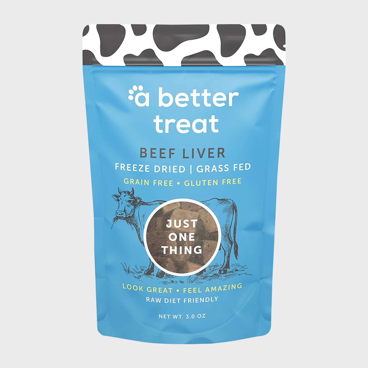 Blue bag displays freeze-dried beef liver treats with cow illustration, featuring text: "a better treat," "grain free," "gluten free," and "just one thing."