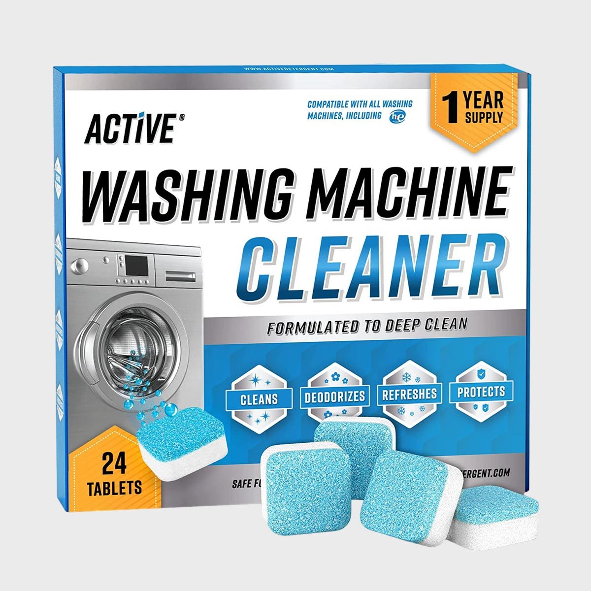 Box displays washing machine cleaner tablets; action features cleaning icons and text highlights: "WASHING MACHINE CLEANER," "CLEANS," "DEODORIZES," "REFRESHES," "PROTECTS," "24 TABLETS."