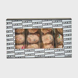 Box of cookies displayed in transparent packaging, labeled 