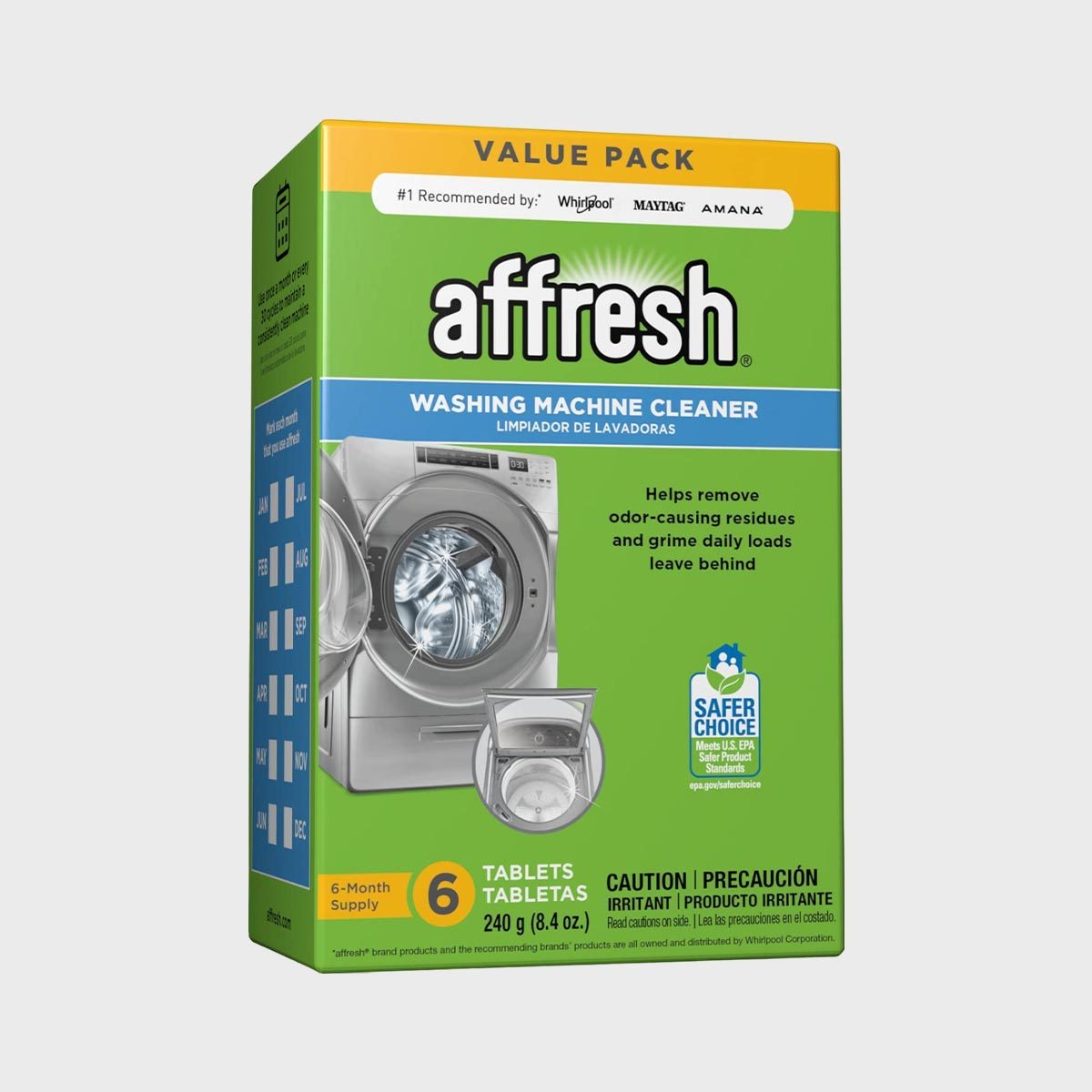 Box displays washing machine cleaner tablets; text highlights odor removal and six-month supply. Contains brand logo and product endorsements on green background.