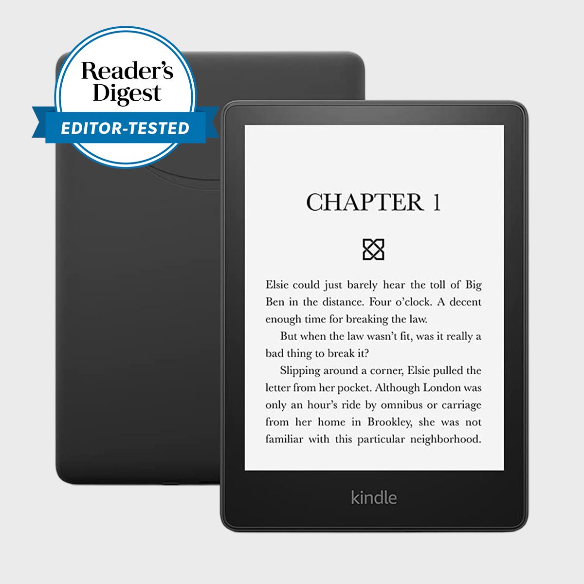 E-reader displays text from "Chapter 1" with descriptive passage. Background shows Reader's Digest "Editor-Tested" badge. Context is a simple, clean environment.