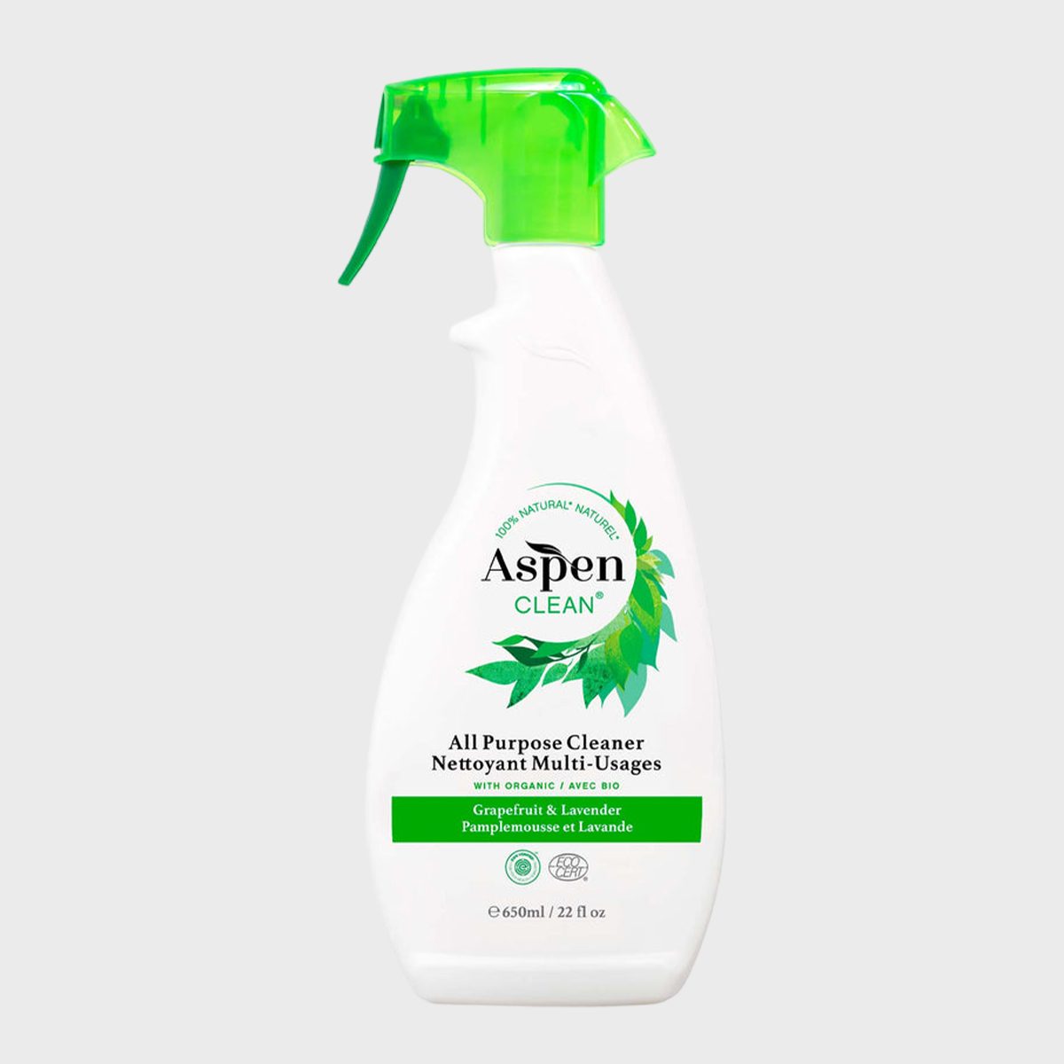 Spray bottle labeled "Aspen Clean" stands; white with green nozzle; promotes all-purpose cleaning with grapefruit and lavender scent; text on light gray background.