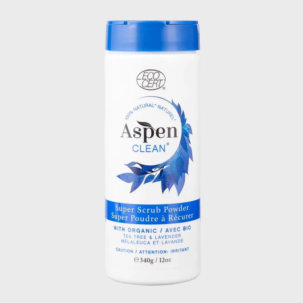Container displaying "Aspen Clean Super Scrub Powder" with blue lid, featuring eco-friendly certification, and blue leaf design, on a gray background.