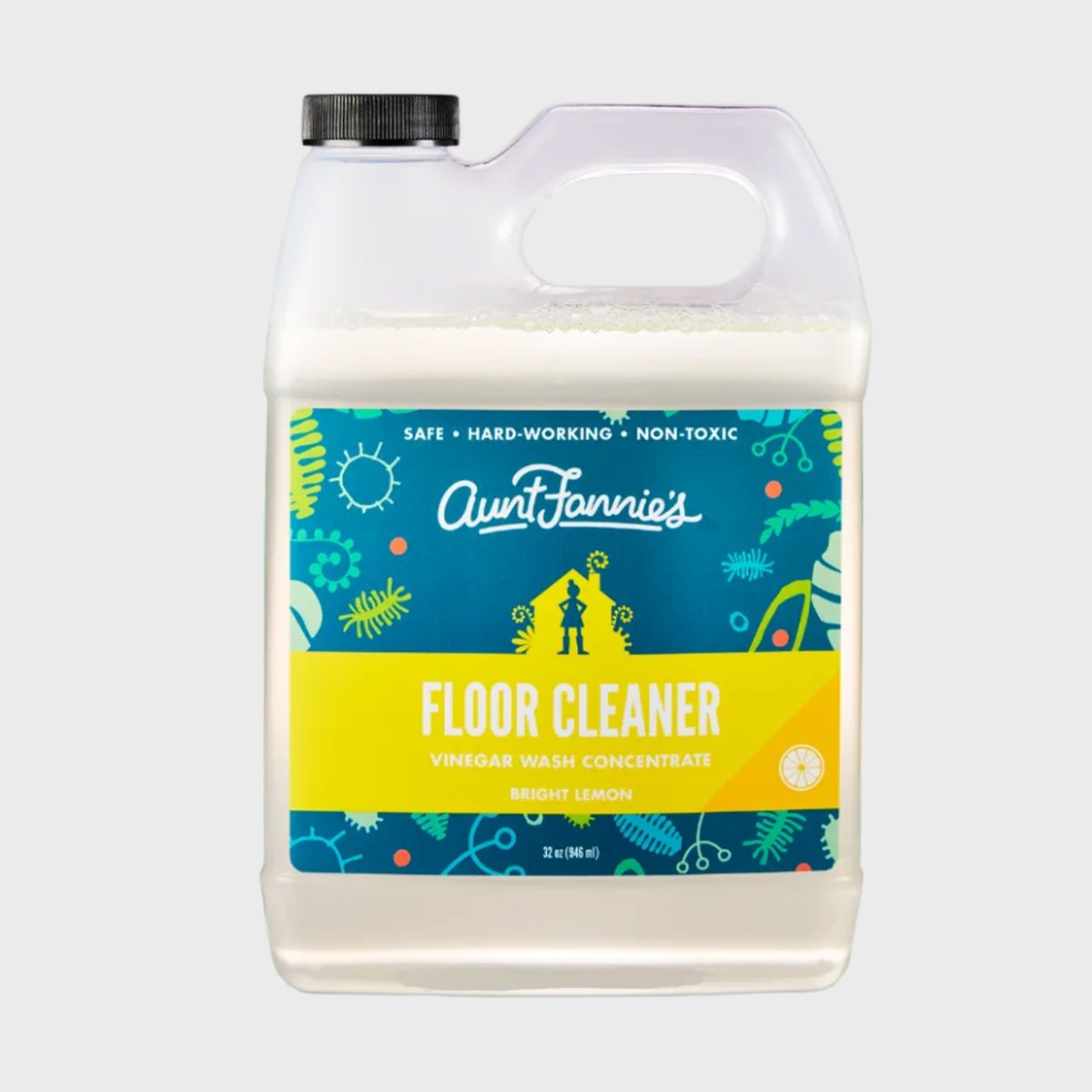 Container displays "Aunt Fannie's Floor Cleaner," labeled as safe, hard-working, non-toxic, with a bright lemon scent. Set on a plain background.