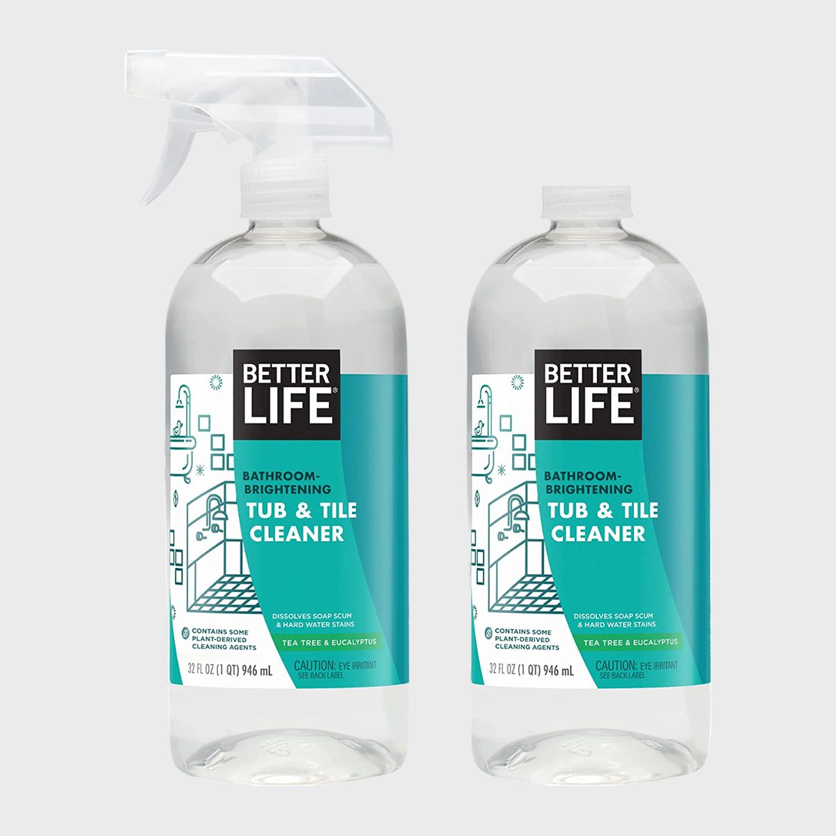 Two spray bottles labeled "Better Life Tub & Tile Cleaner" with teal branding sit against a plain background. Text highlights tea tree and eucalyptus scent.