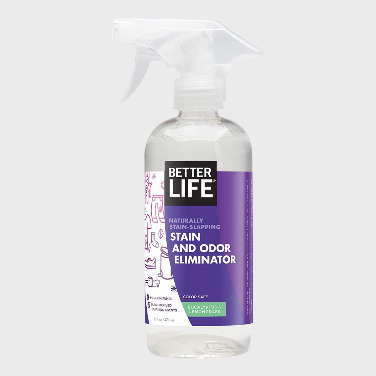 A spray bottle labeled "Better Life Stain and Odor Eliminator," featuring a purple design, sits against a plain background.