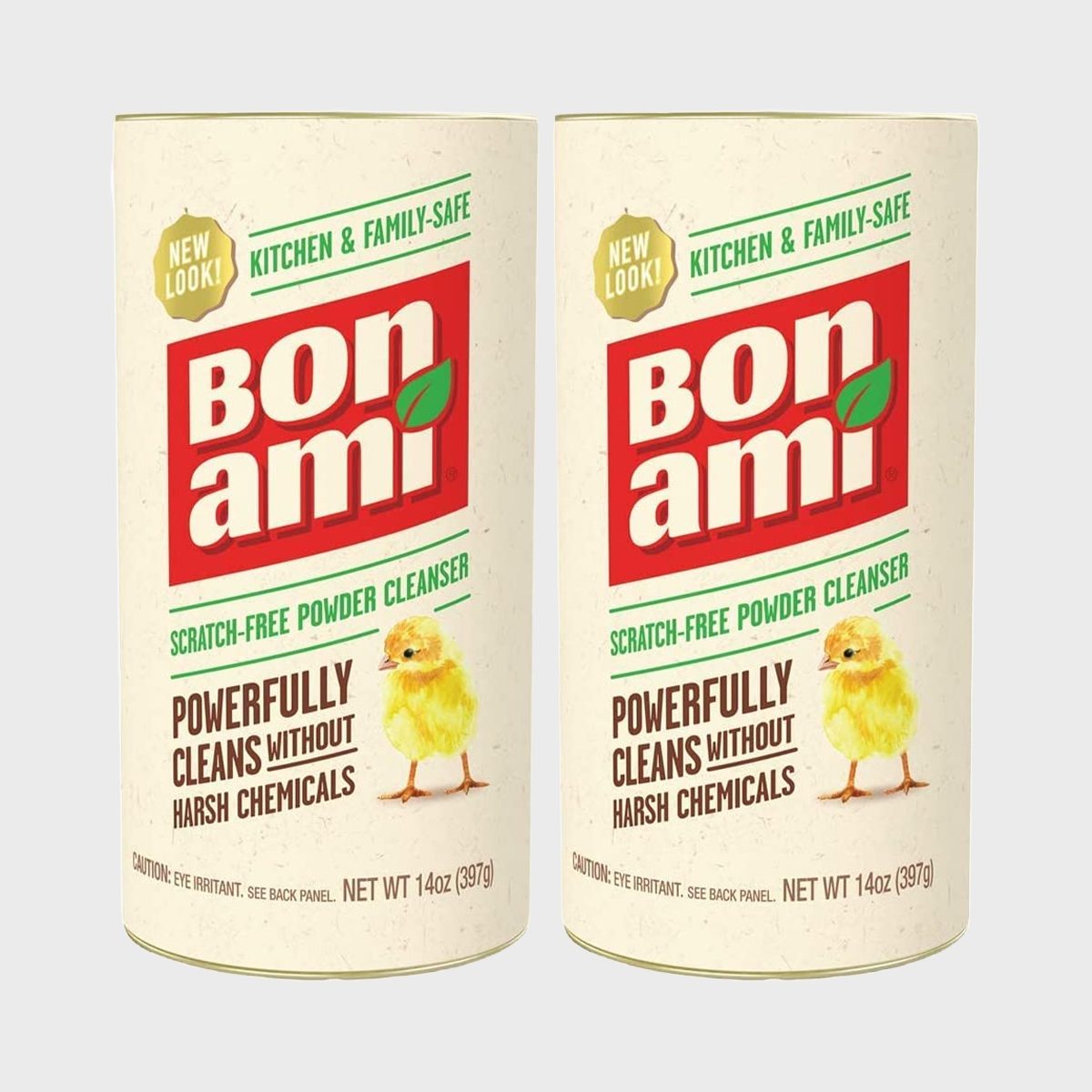 Two cylindrical containers stand side by side, labeled "Bon Ami" scratch-free cleanser, featuring a chick illustration. Text reads: "Powerfully cleans without harsh chemicals."
