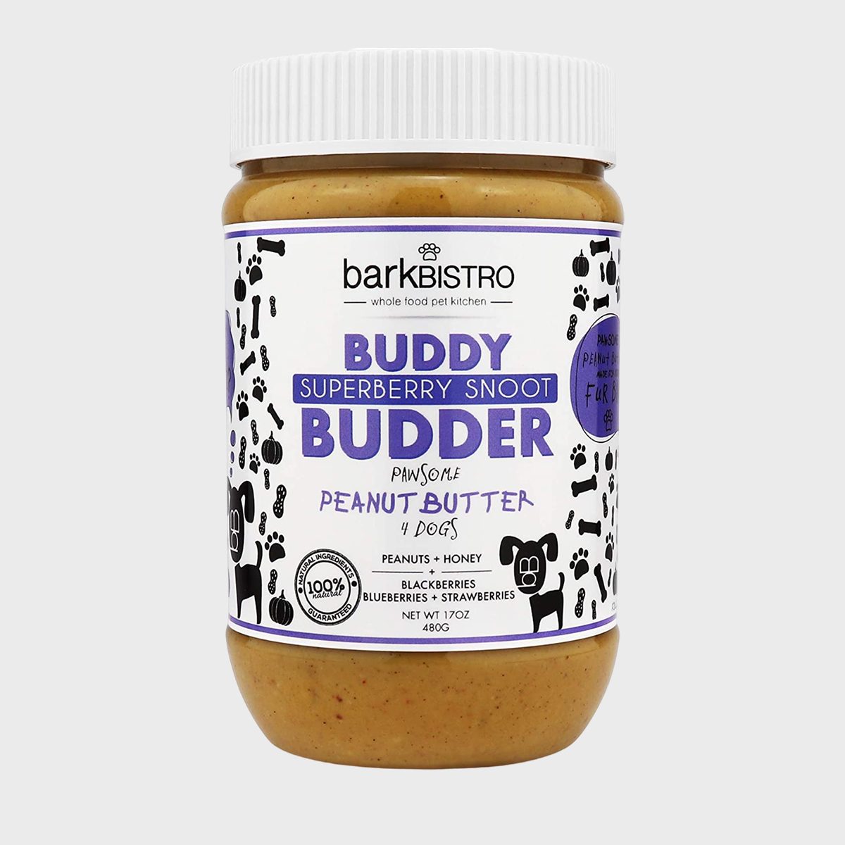 Jar displays dog-themed peanut butter labeled "Buddy Superberry Snoot Budder"; features playful graphics of paws and dog icons. Contains peanuts, honey, berries.