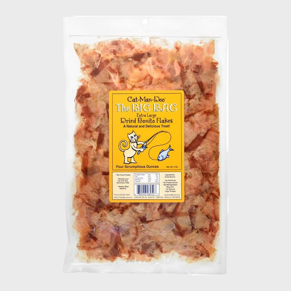 Bag of dried bonito flakes sealed, labeled "Cat-Man-Doo The BIG BAG Extra Large." Displayed against a plain background. Yellow label features fishing cat illustration.
