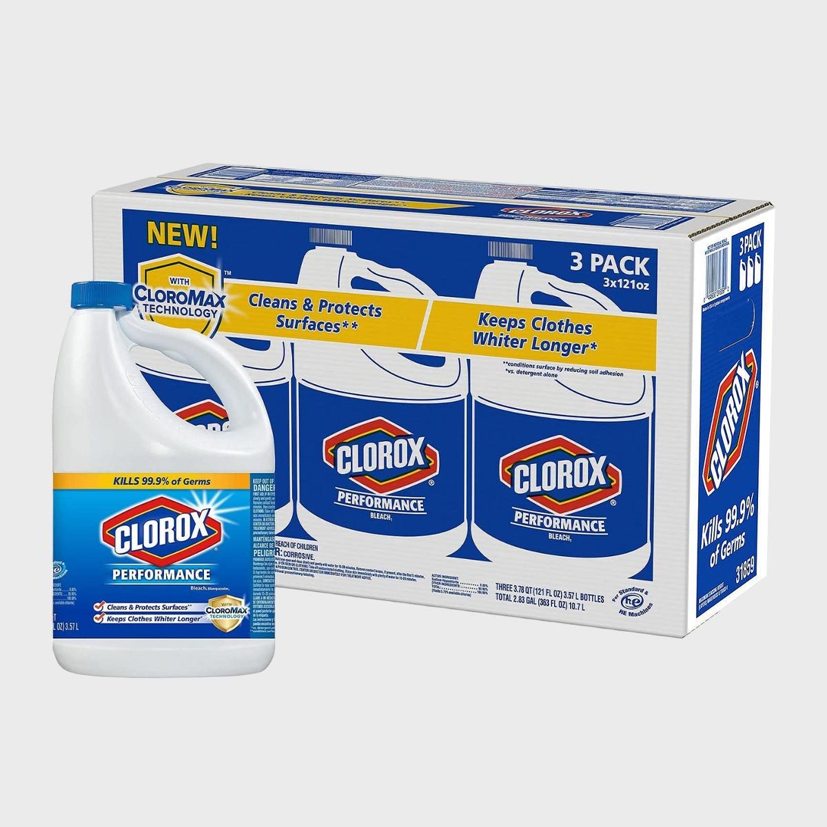 A Clorox bleach bottle sits beside a three-pack box; claims to kill 99.9% of germs and features "Cloromax Technology" for cleaning.