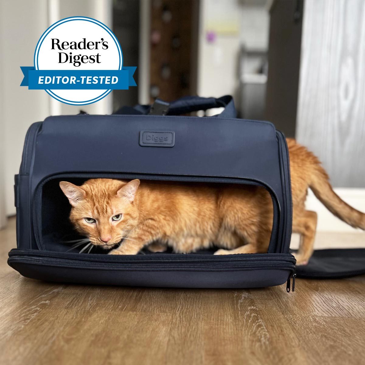 Cat crawls into black carrier on wooden floor in a home setting; â€œReader's Digest Editor-Testedâ€ badge displayed above.