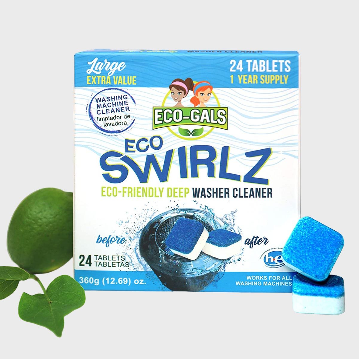 Box displays washer cleaner tablets; blue squares on packaging. Text: "Eco Swirlz Eco-Friendly Deep Washer Cleaner, 24 Tablets, 1 Year Supply." Lime and leaves nearby.