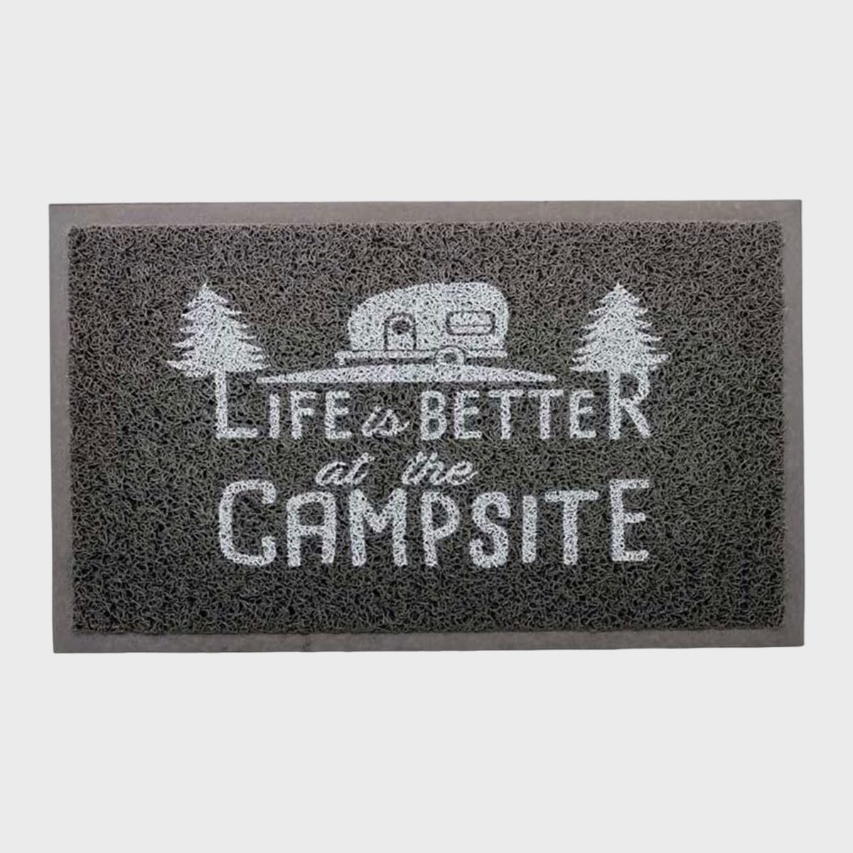 Doormat displays, "Life is Better at the Campsite," featuring a camper and trees, on a textured gray surface.