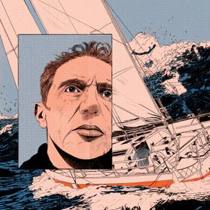 Sailboat navigates rough seas; inset shows a personâ€™s expressive face, highlighting intense focus. Waves crash dramatically around the vessel.