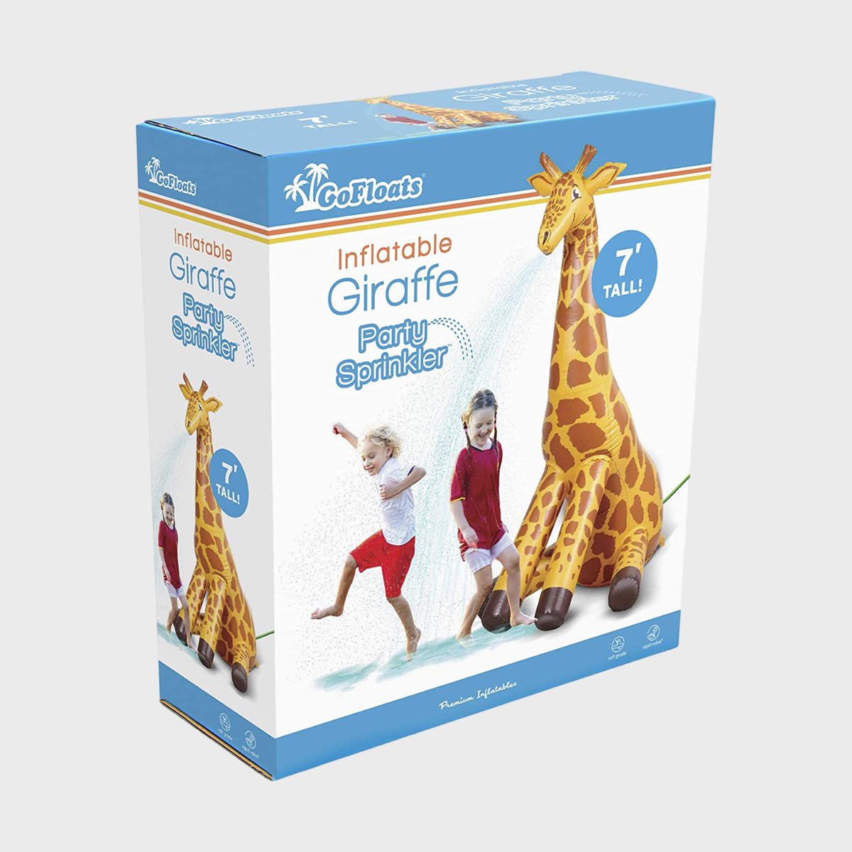 Box shows inflatable giraffe spraying water, with children playing around in summer attire. Text: â€œGoFloats Inflatable Giraffe Party Sprinkler 7â€™ Tall!â€