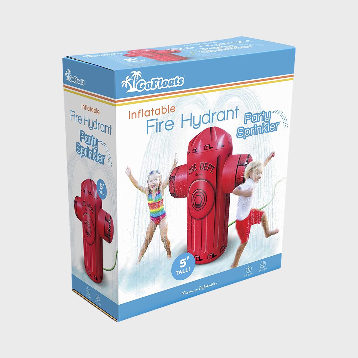 Box displaying an inflatable fire hydrant sprinkler with children playing in water spray; labeled "5' Tall!" and "GoFloats." Red, white, and blue colors.