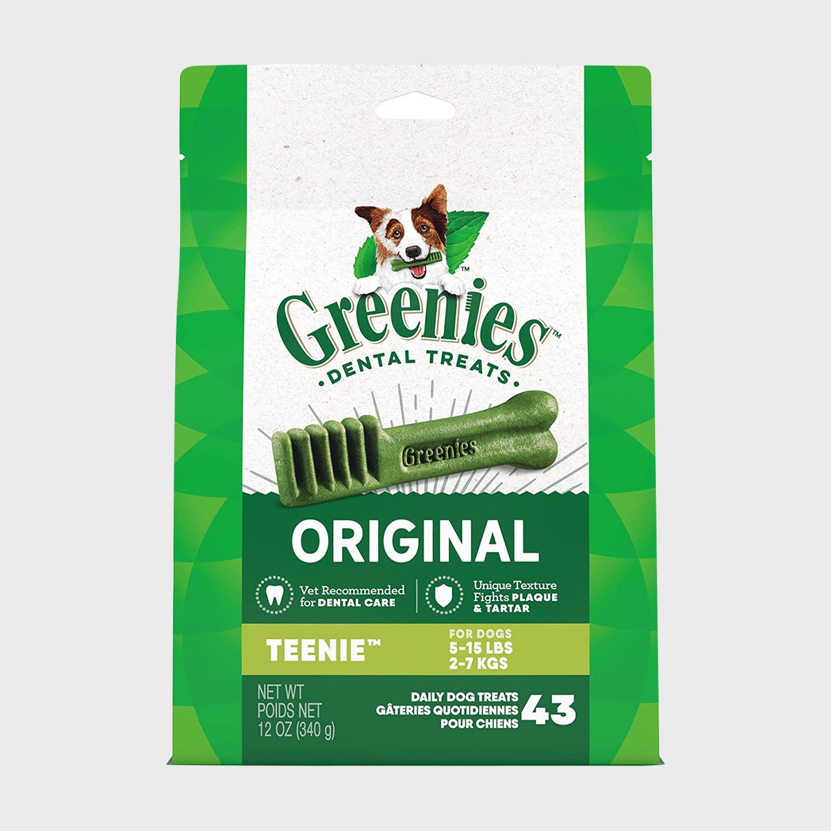 Package displays Greenies dental treats, showcasing a green chew with labeled highlights, set against a green and white background. Text details product information.