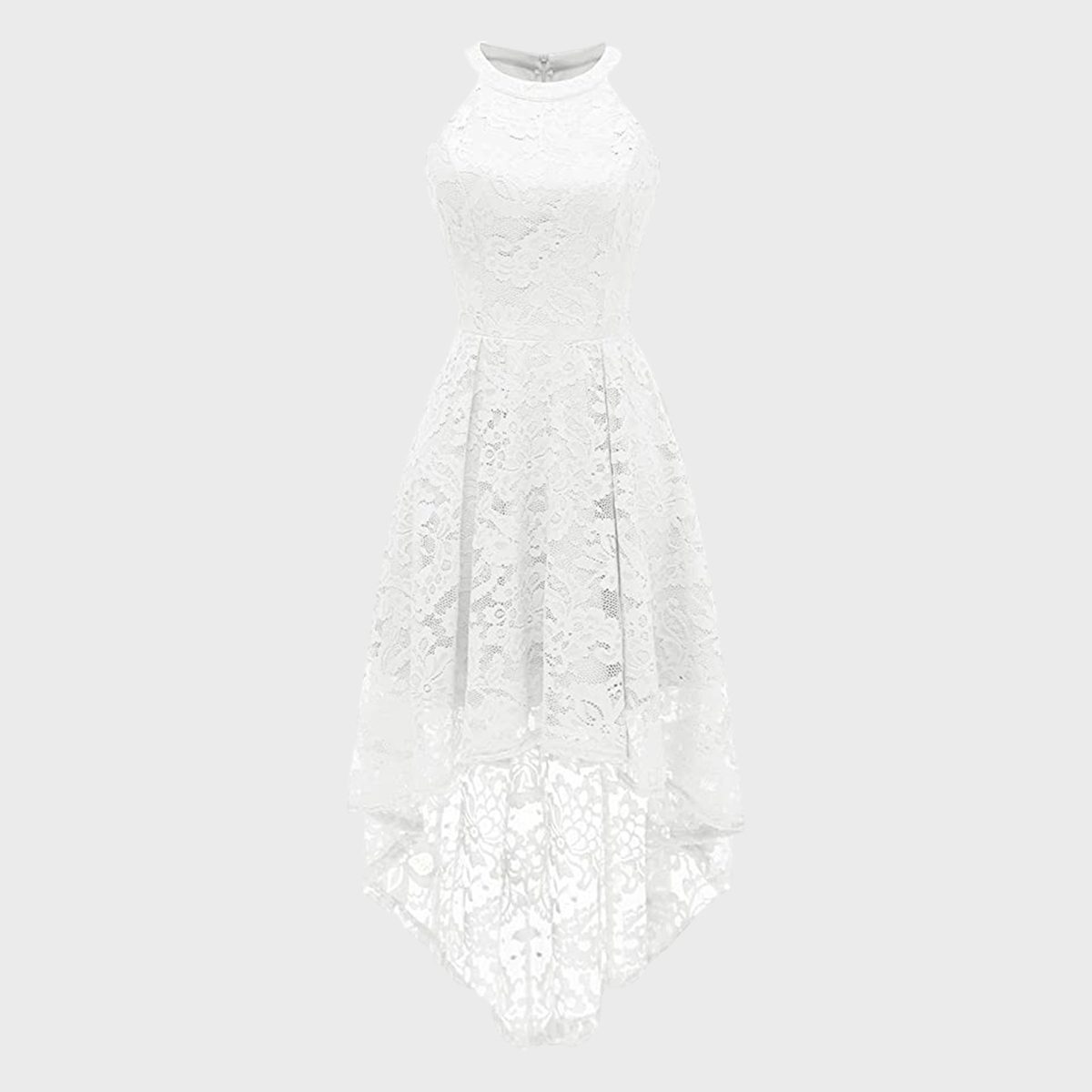 White lace dress hanging, showcasing high neckline and asymmetric hem, against a plain gray background.